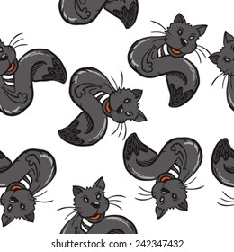 black cat cartoon seamless pattern on white