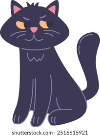 Dibujos animados de gato negro. Gato sentado. Lindo gato kawaii de dibujos animados. Gato negro místico. Gatito de dibujos animados. Ilustración vectorial. Aislado sobre fondo blanco.