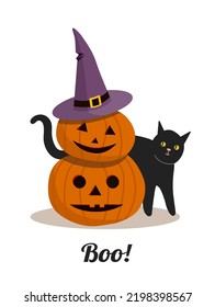 Gato negro con calabazas talladas. Tarjeta de saludo de Halloween o invitación a fiesta. Imagen vectorial aislada en blanco.