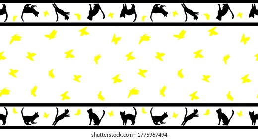 Black cat catching yellow butterfly. Seamless pattern vector illustration. Cute design for textile print.