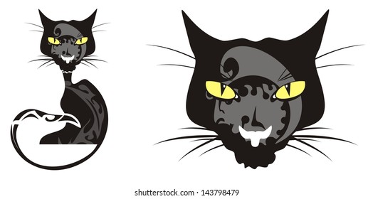 Black cat and cat's head isolated on a white background