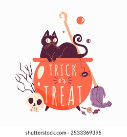 Black Cat In Cauldron With Trick Or Treat Sign In Flat Vector Illustration Symbolizing Halloween Spirit, Spooky Fun, And Celebration, Isolated On White Background