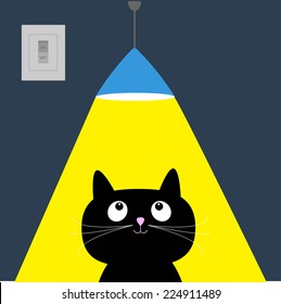 Black cat and ceiling light lamp. Yellow ray of light. Flat design. Vector illustration