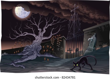 Black cat and cemetery in the night. Horror Scene, vector isolated characters.