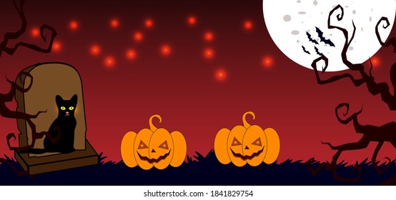Black cat in cemetery with pumkin and full moon background , halloween background banner poster etc