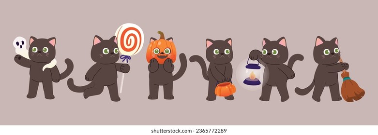 Black Cat Characters with Halloween Decoration Vector: Cute and Creepy Kitties Celebrate the Spookiest Season, Vector, Illustration