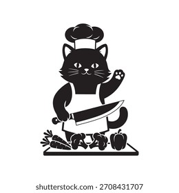 Chef de gato negro con cuchillo y verduras en la tabla de cortar cocina