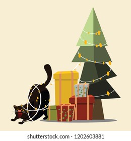 black cat in Christmas vector illustration