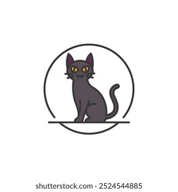 Black Cat in Circle for Halloween Logo, Halloween Decoration Symbol, Animal Rescue Icon.