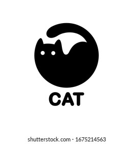 Black cat circle logo. Simple cat silhouette, geometric shape.