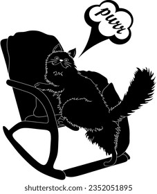 A black cat climbs onto a chair and purrs. Cute hand drawn vector illustration with handwritten phrase in bubble isolated on transparent background.