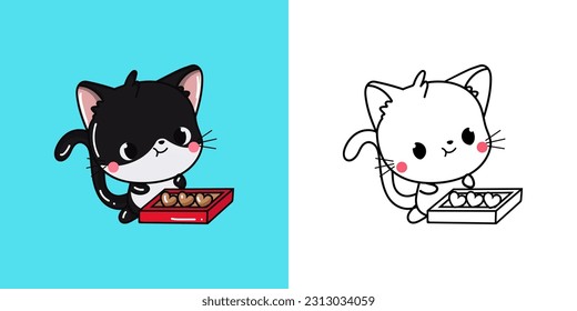 Black Cat Clipart and Black and White Art. Beautiful Cat Illustration. Vector Illustration of a Kawaii Animal for Prints for Clothes, Stickers, Baby Shower, Coloring Pages.
