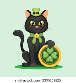 Black Cat with Clove Coin St Patrick Day Season Character Cartoon illustration vector