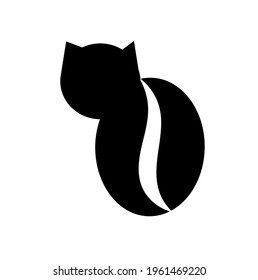Black cat and coffee bean. Logo, black and white icon. Vector flat illustration