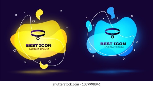 Black Cat collar with name tag icon on blue background. Simple supplies for domestic animal. Cat and dog care. Pet cat chains. Set of liquid color abstract geometric shapes. Vector Illustration