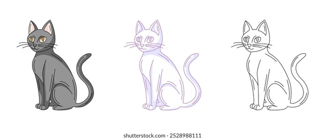 Black cat, colorful and line icons set. Traditional halloween animal. Vector flat icon, monochrome purple, color, outline illustration. For logo, sticker, coloring book, label, print