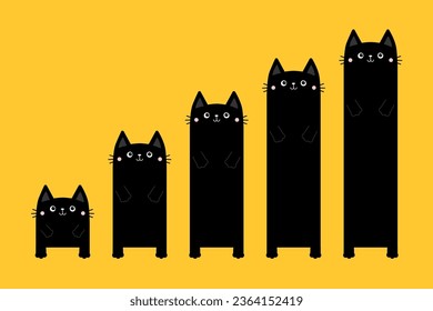 Diagrama de columna de gato negro. Funny plantilla de infografía de 5 pasos. Gráficos crecientes. Gráfico de barras. Caricatura educada del personaje kawaii. Presentación de iconos de negocio. Diseño plano. Fondo amarillo. Vector