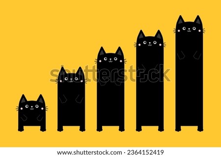 Black cat column diagram. Funny 5 steps infographics template. Growing charts. Bar chart graph. Cute cartoon kawaii character. Business icons presentation. Flat design. Yellow background. Vector