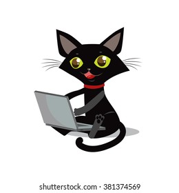 Black Cat At The Computer Vector Illustration. Beautiful Cartoon Cat On A White Background. 