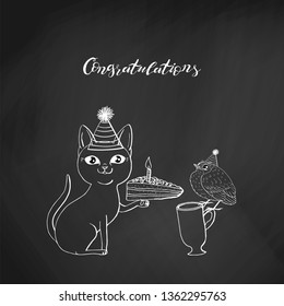 black cat in cone hat sitting and holding piece of cake. hand lettering congratulations. on chalkboard background. stock vector illustration.