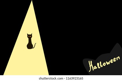Black cat. Cat consecrated with light. Lettering Halloween. Idea for card. Vector illustration