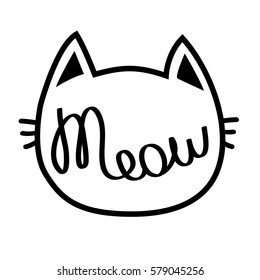 Black cat contour head. Meow lettering text. Cute cartoon character silhouette. Kawaii animal. 