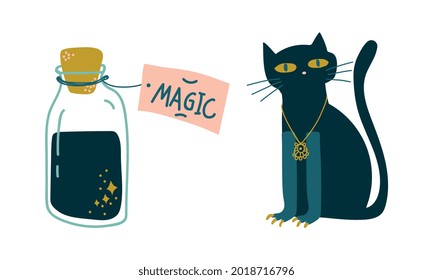 Black Cat and Corked Glass Jar with Potion as Witchcraft Object for Spells and Performing Magical Rituals Vector Set