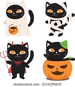 A black cat with costumes halloween set. funny cat characters. Collection of kittens in costumes vampire costume, mummy animal, witch cat, kitty on pumpkin. Ghost pet.