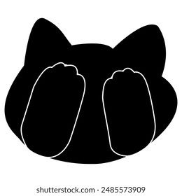A black cat covers its eyes with its hands