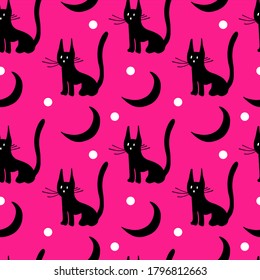 Black cat with crescent moon pattern on pink background. Cat seamless pattern. Crescent moon on Pattern. Happy Halloween seamless pattern. vector 