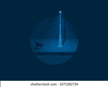 Black cat crosses the deserted street at night. Vector flat illustration.