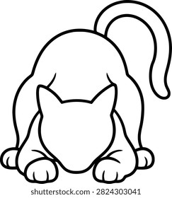 Black cat crouching low to the ground getting ready to pounce vector line art icon illustration isolated on a white background.