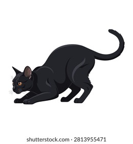 Black Cat Crouching and Ready to Pounce, Hunting Pose Vector Illustration Isolated on White Background