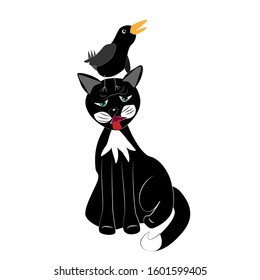 Black cat and crow. A bird sits on the head of a cat and croaks. Illustration, vector, design.