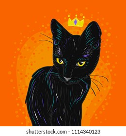 black cat with a crown on an orange background