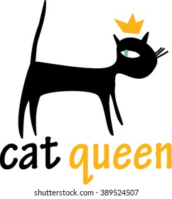 Black Cat with crown. Vector illustration. Cute black kitten queen.

