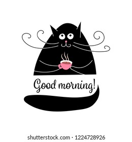 Black cat with a cup of coffee, wishing good morning, isolated vector graphic illustration on white background