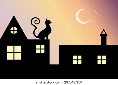 Black Cat with curly tail sits on the roof at night looks at moon and stars, vector silhouette isolated on sunset gradient background