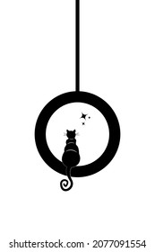 Black Cat with curly tail sitting on the swing at look at the stars, logo animal tattoo, vector illustration on white background