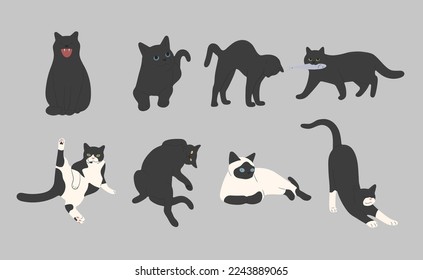 black cat cute 2 on a gray background, vector illustration.