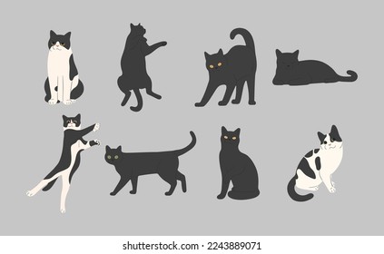 black cat cute 5 on a gray background, vector illustration.