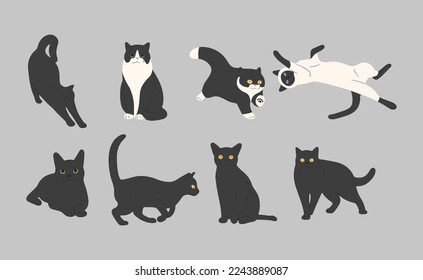 black cat cute 6 on a gray background, vector illustration.