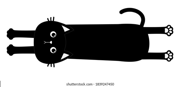 Schwarze Katze. Cute Cartoon Baby Charakter. Lange Körper mit Pfotendruck, Schwanz. Frohes Gesichtskopfsilhouette. Meow.Kawaii Tier. Haustier-Sammlung. Flaches Design. Weißer Hintergrund. Einzeln. Vektorgrafik