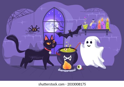 A black cat with a cute ghost preparing some potion in the cauldron for Halloween night