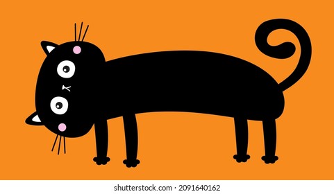 Black cat. Cute kawaii cartoon baby pet character. Happy Halloween. Cute kitten head face looking up. Long body. Greeting card print. Flat design. Orange background. Isolated. Vector illustration