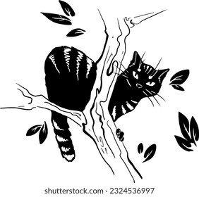 black cat cute kitten on a tree in yhe leaves pet character floral vector children book illustration