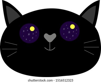 black cat cute muzzle in big round eyes reflects the starry sky and moon animal concept animal object for design on a white background