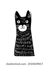 Black cat with cute whiskers in doodle style, hand-drawn, on a white background