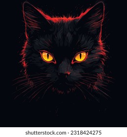 Black cat in darkness. Glowing eyes, vector illustration