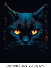 Black cat in darkness. Glowing eyes, vector illustration